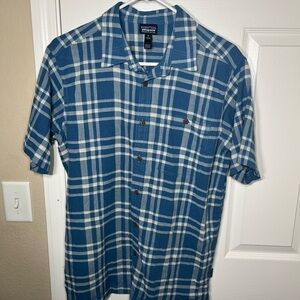 Patagonia Men's Blue and White Plaid Button-Down Shirt